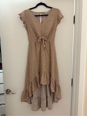 She + Sky Beige Polka Dot Tie-Waist High-Low Dress